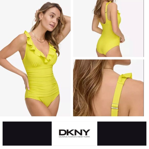 Dkny Other - NWT DKNY Ruffle Plunge Underwire Tummy Control One-Piece Swimsuit Sz M